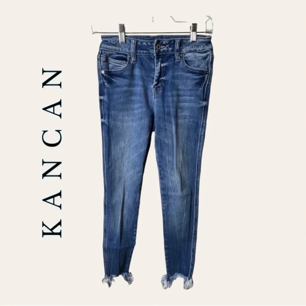 0857. KANCAN DENIM JEANS SIZE 24 DISTRESSED WITH SHARK BITE HEM